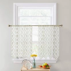 HLC.ME Isabella Floral Sheer Rod Pocket Cafe Tier Panels - Beige - Set Of 2 Faux Linen Curtains