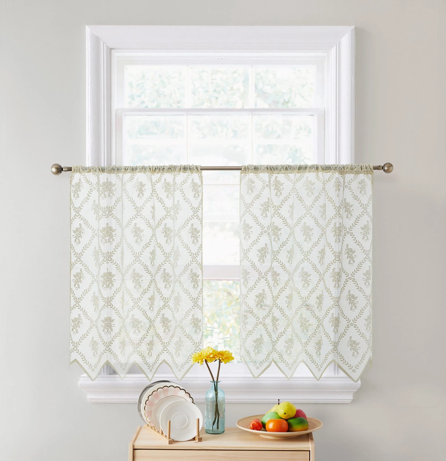 HLC.ME Isabella Floral Sheer Rod Pocket Cafe Tier Panels - Beige - Set Of 2 Faux Linen Curtains 4 HLC.ME Isabella Floral Sheer Rod Pocket Cafe Tier Panels - Beige - Set Of 2 Faux Linen Curtains