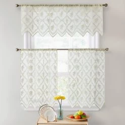 HLC.ME Isabella Floral Sheer Rod Pocket Cafe Tier Panels - Beige - Set Of 2 Faux Linen Curtains 9 HLC.ME Isabella Floral Sheer Rod Pocket Cafe Tier Panels - Beige - Set Of 2 Faux Linen Curtains