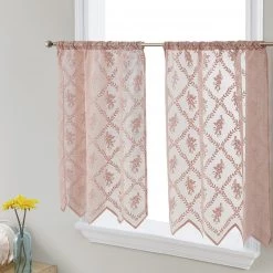 HLC.ME Faux Linen Curtains Isabella Floral Sheer Rod Pocket Cafe Tier Panels - Blush Pink - Set Of 2