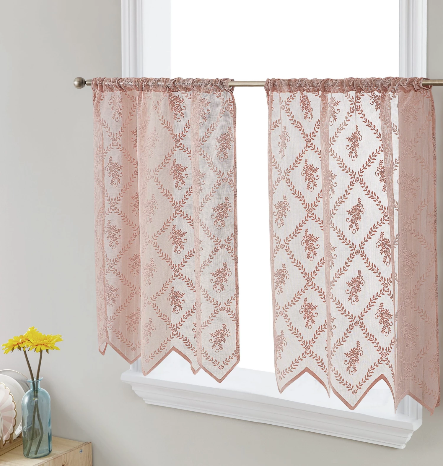 HLC.ME Faux Linen Curtains Isabella Floral Sheer Rod Pocket Cafe Tier Panels - Blush Pink - Set Of 2 3 HLC.ME Faux Linen Curtains Isabella Floral Sheer Rod Pocket Cafe Tier Panels - Blush Pink - Set Of 2