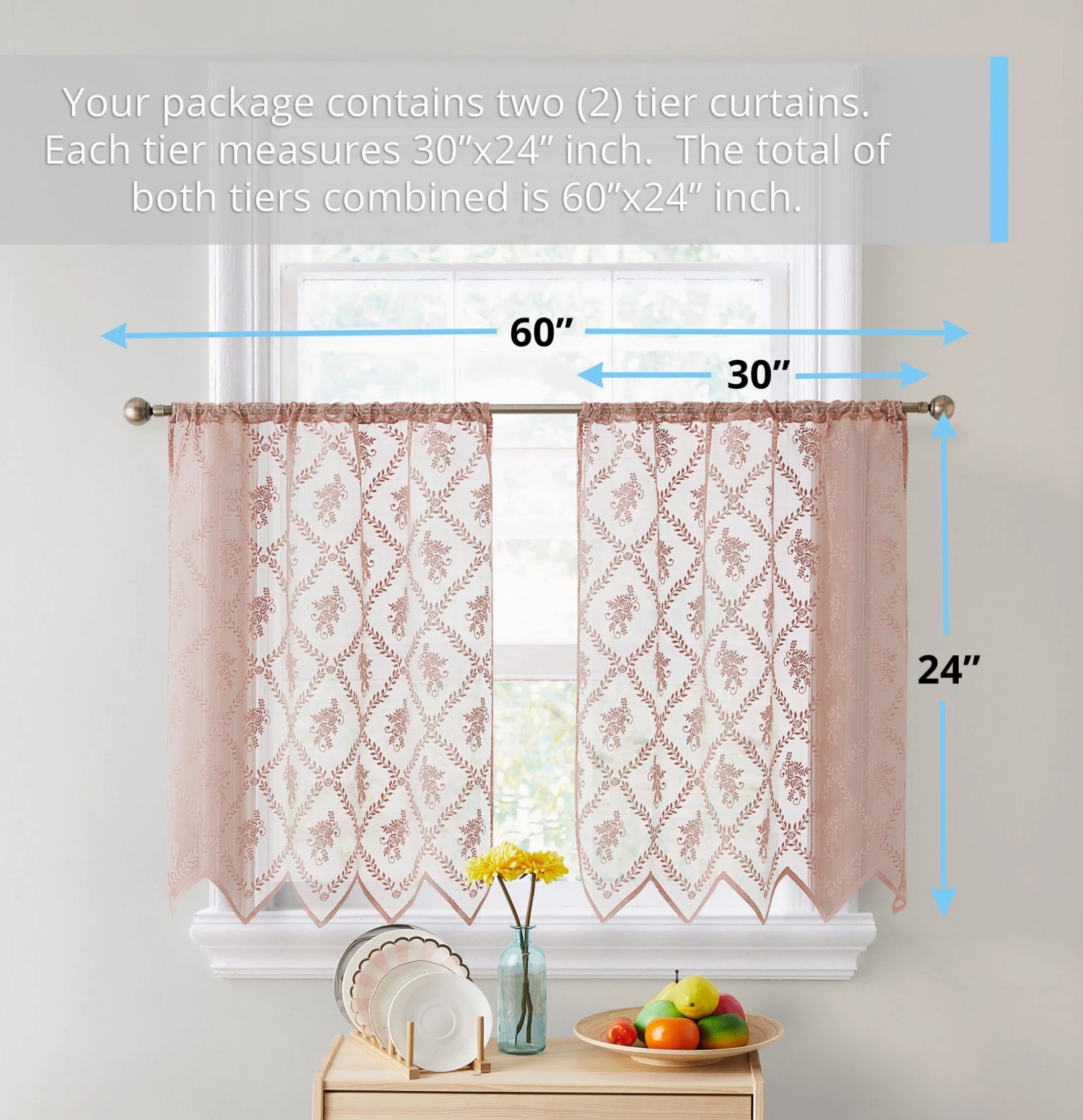 HLC.ME Faux Linen Curtains Isabella Floral Sheer Rod Pocket Cafe Tier Panels - Blush Pink - Set Of 2 6 HLC.ME Faux Linen Curtains Isabella Floral Sheer Rod Pocket Cafe Tier Panels - Blush Pink - Set Of 2