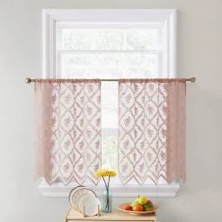 HLC.ME Faux Linen Curtains Isabella Floral Sheer Rod Pocket Cafe Tier Panels - Blush Pink - Set Of 2