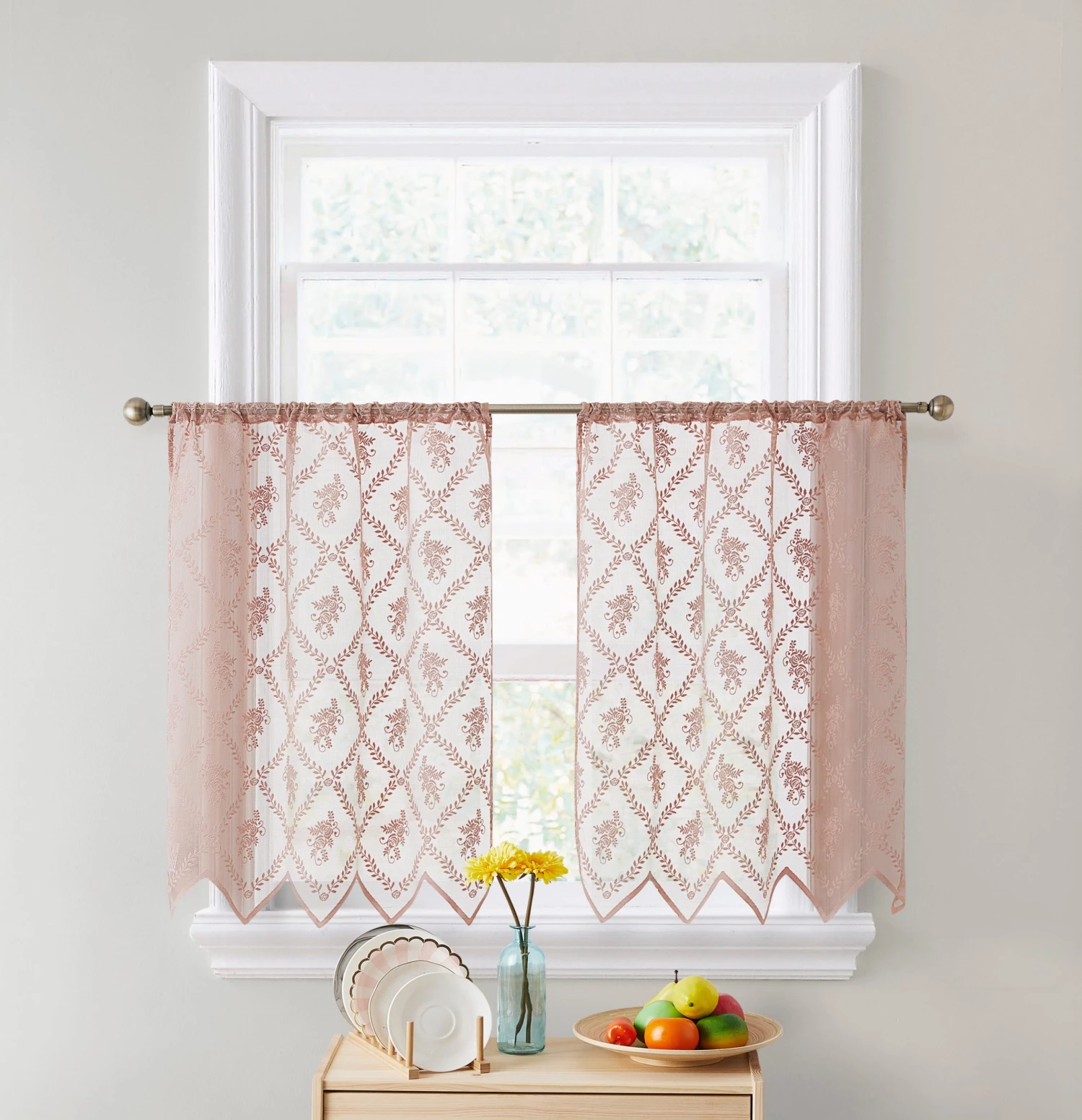 HLC.ME Faux Linen Curtains Isabella Floral Sheer Rod Pocket Cafe Tier Panels - Blush Pink - Set Of 2 4 HLC.ME Faux Linen Curtains Isabella Floral Sheer Rod Pocket Cafe Tier Panels - Blush Pink - Set Of 2