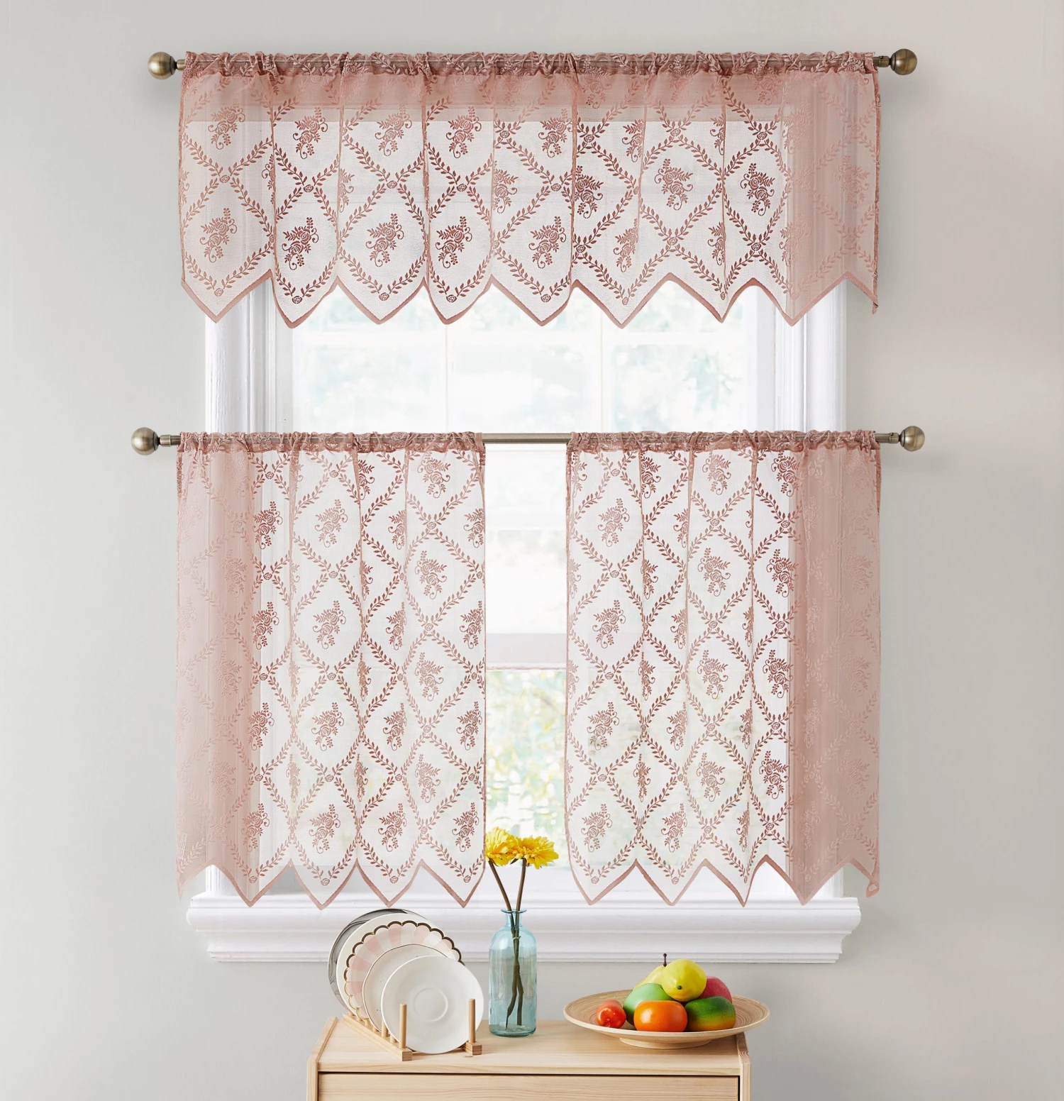 HLC.ME Faux Linen Curtains Isabella Floral Sheer Rod Pocket Cafe Tier Panels - Blush Pink - Set Of 2 8 HLC.ME Faux Linen Curtains Isabella Floral Sheer Rod Pocket Cafe Tier Panels - Blush Pink - Set Of 2