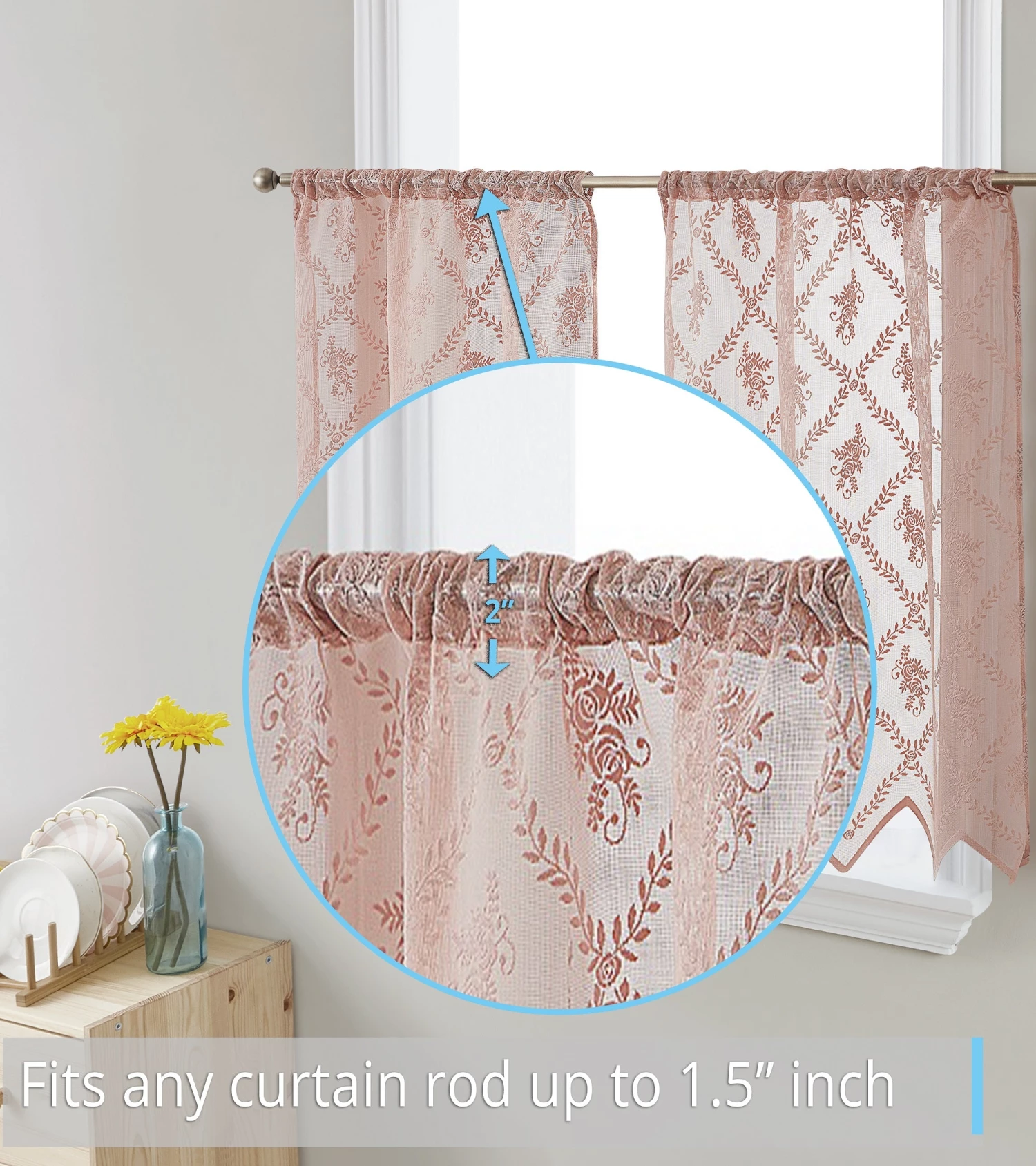 HLC.ME Faux Linen Curtains Isabella Floral Sheer Rod Pocket Cafe Tier Panels - Blush Pink - Set Of 2 5 HLC.ME Faux Linen Curtains Isabella Floral Sheer Rod Pocket Cafe Tier Panels - Blush Pink - Set Of 2