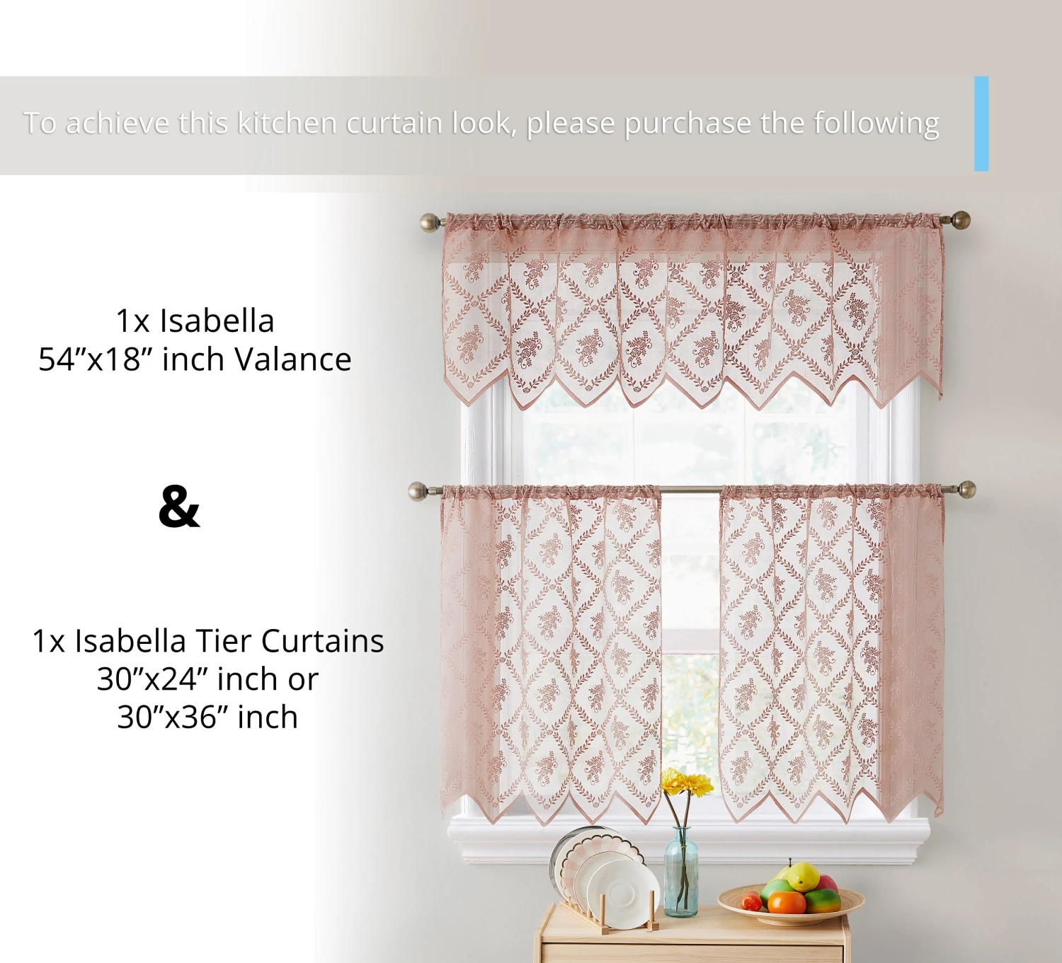 HLC.ME Faux Linen Curtains Isabella Floral Sheer Rod Pocket Cafe Tier Panels - Blush Pink - Set Of 2 7 HLC.ME Faux Linen Curtains Isabella Floral Sheer Rod Pocket Cafe Tier Panels - Blush Pink - Set Of 2