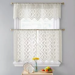 HLC.ME Isabella Floral Sheer Rod Pocket Cafe Tier Panels - Ivory - Set Of 2 Faux Linen Curtains 11 HLC.ME Isabella Floral Sheer Rod Pocket Cafe Tier Panels - Ivory - Set Of 2 Faux Linen Curtains