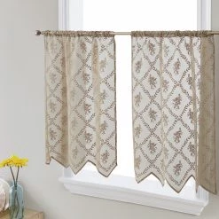 HLC.ME Isabella Floral Sheer Rod Pocket Cafe Tier Panels - Taupe - Set Of 2 Faux Linen Curtains