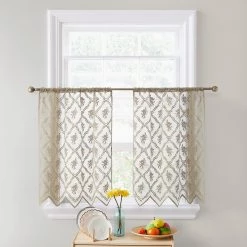 HLC.ME Isabella Floral Sheer Rod Pocket Cafe Tier Panels - Taupe - Set Of 2 Faux Linen Curtains
