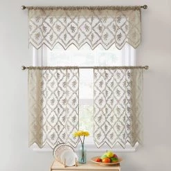 HLC.ME Isabella Floral Sheer Rod Pocket Cafe Tier Panels - Taupe - Set Of 2 Faux Linen Curtains