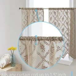 HLC.ME Isabella Floral Sheer Rod Pocket Cafe Tier Panels - Taupe - Set Of 2 Faux Linen Curtains