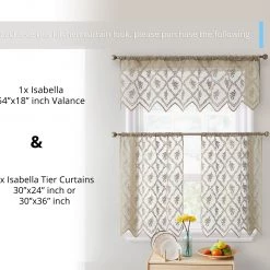 HLC.ME Isabella Floral Sheer Rod Pocket Cafe Tier Panels - Taupe - Set Of 2 Faux Linen Curtains