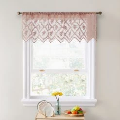 HLC.ME Faux Linen Curtains Isabella Floral Sheer Rod Pocket Valance - Blush Pink