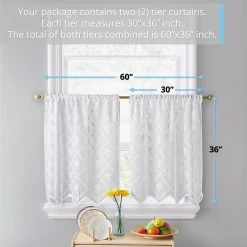 HLC.ME Faux Linen Curtains Isabella Floral Sheer Rod Pocket Cafe Tier Panels - White - Set Of 2