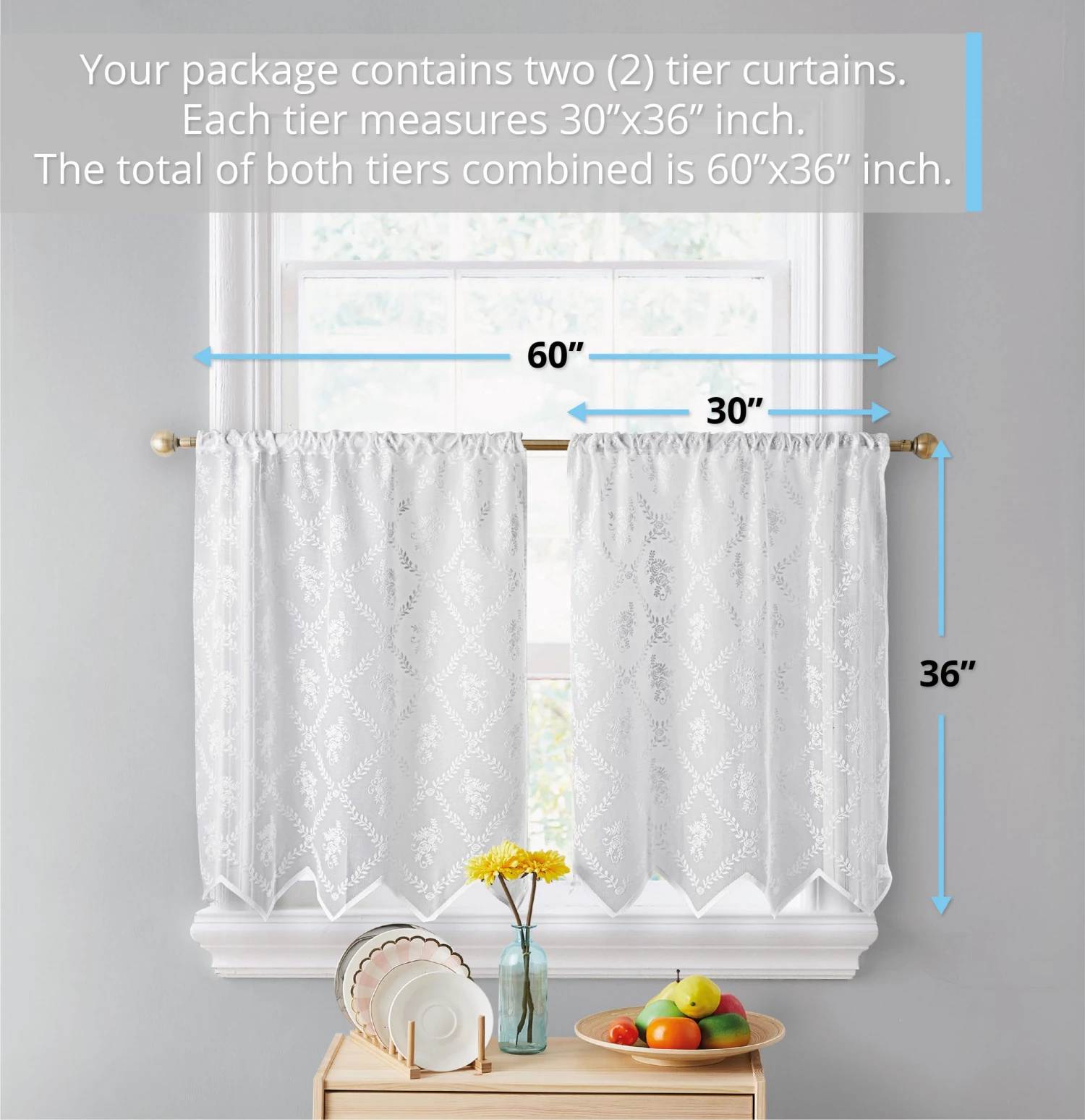 HLC.ME Faux Linen Curtains Isabella Floral Sheer Rod Pocket Cafe Tier Panels - White - Set Of 2 4 HLC.ME Faux Linen Curtains Isabella Floral Sheer Rod Pocket Cafe Tier Panels - White - Set Of 2