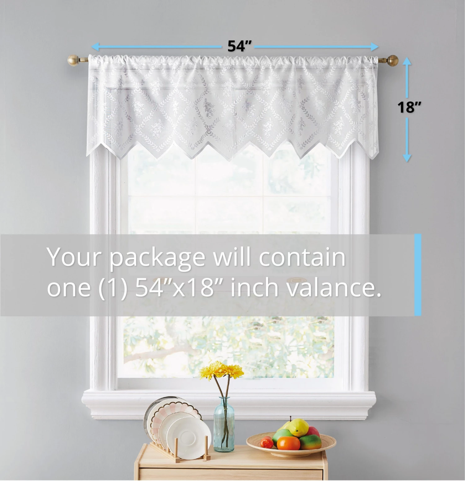 HLC.ME Faux Linen Curtains Isabella Floral Sheer Rod Pocket Valance - White 4 HLC.ME Faux Linen Curtains Isabella Floral Sheer Rod Pocket Valance - White