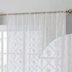 HLC.ME Sheer Curtains Isabella Floral Sheer Rod Pocket Curtain Panels - White - Set Of 2