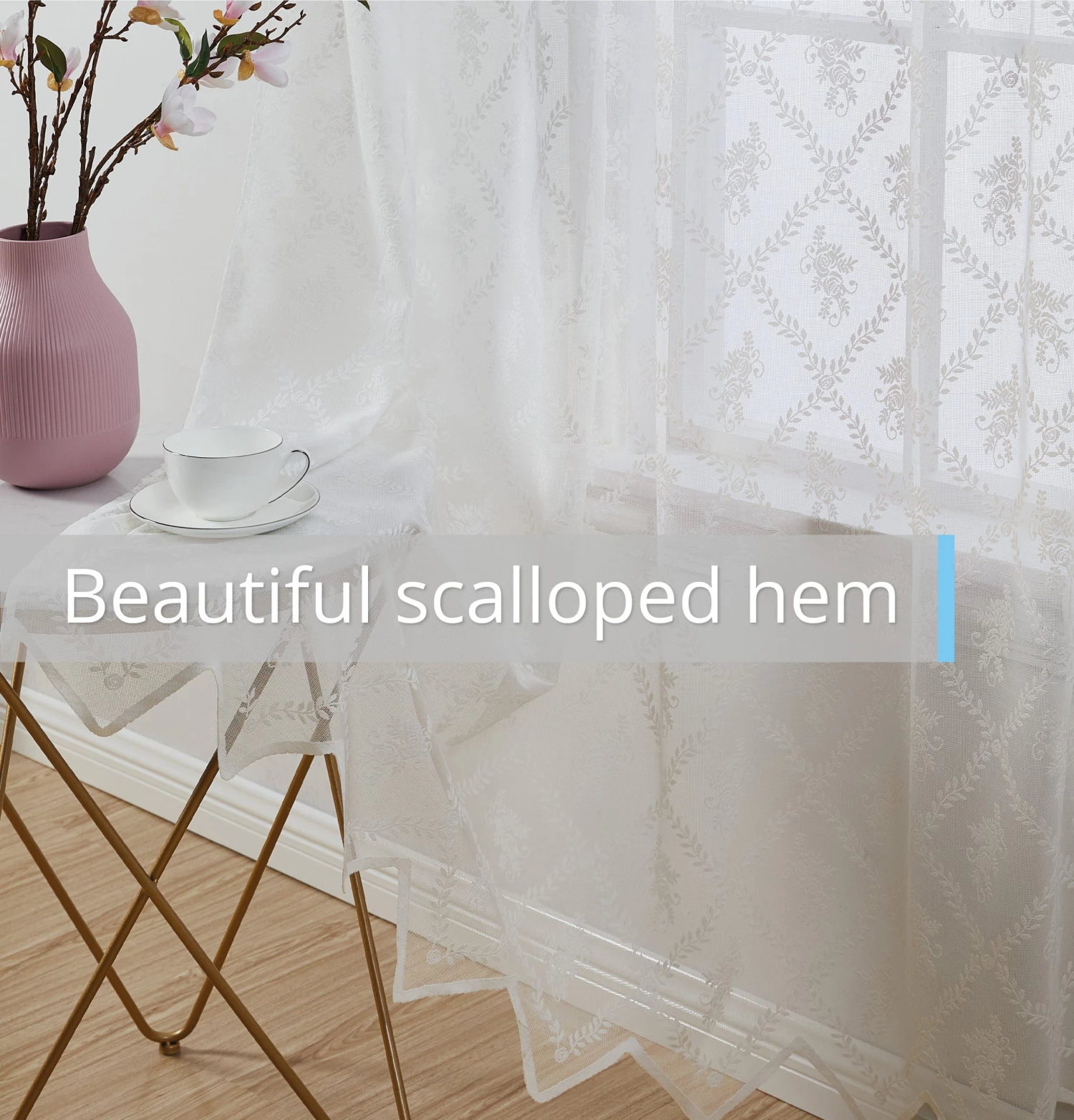 HLC.ME Faux Linen Curtains Isabella Floral Sheer Rod Pocket Valance - White 7 HLC.ME Faux Linen Curtains Isabella Floral Sheer Rod Pocket Valance - White