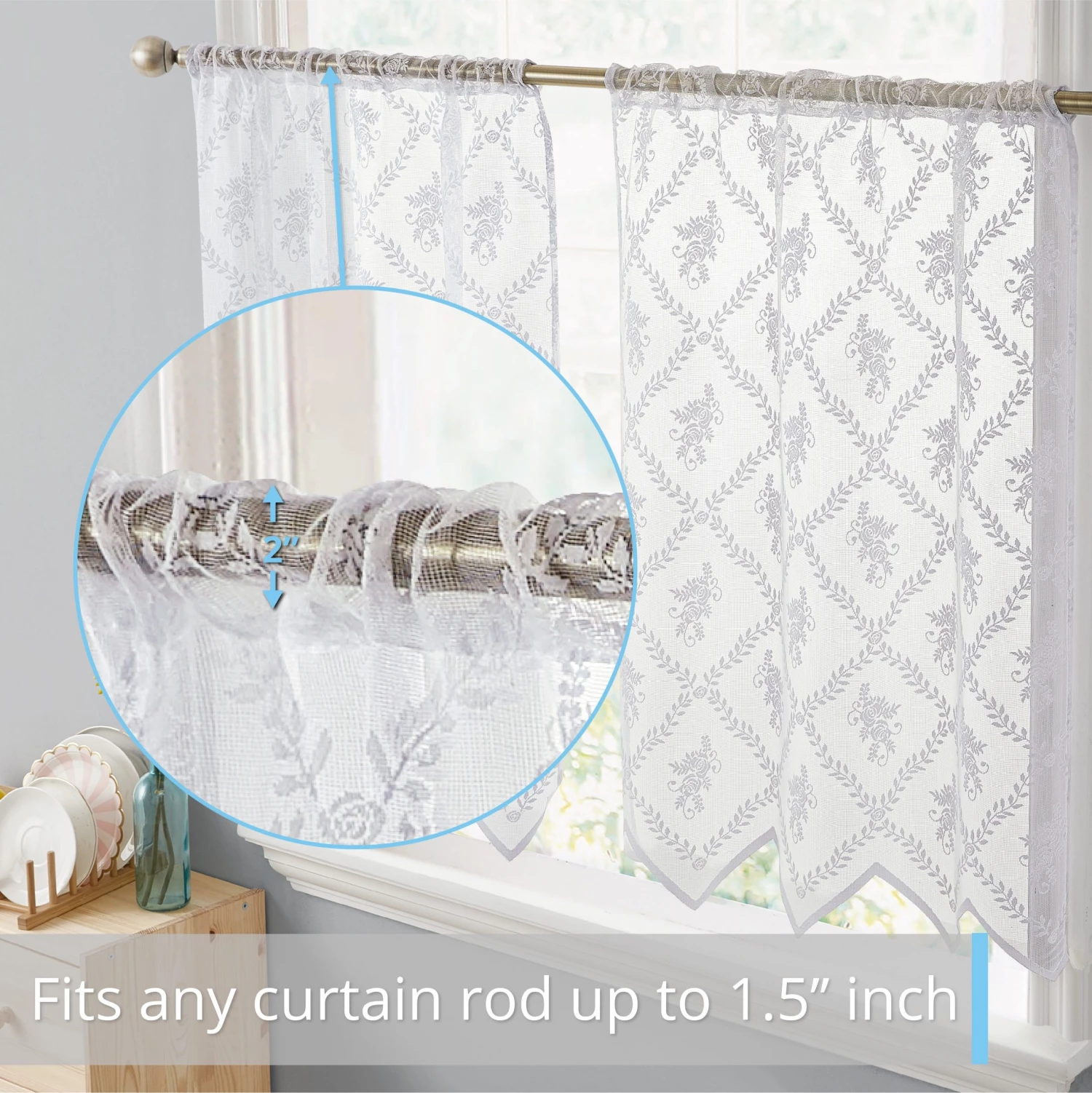 HLC.ME Faux Linen Curtains Isabella Floral Sheer Rod Pocket Cafe Tier Panels - White - Set Of 2 6 HLC.ME Faux Linen Curtains Isabella Floral Sheer Rod Pocket Cafe Tier Panels - White - Set Of 2