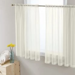 HLC.ME Lucento Sheer Rod Pocket Cafe Tier Panels - Ivory - Set Of 2 Faux Linen Curtains