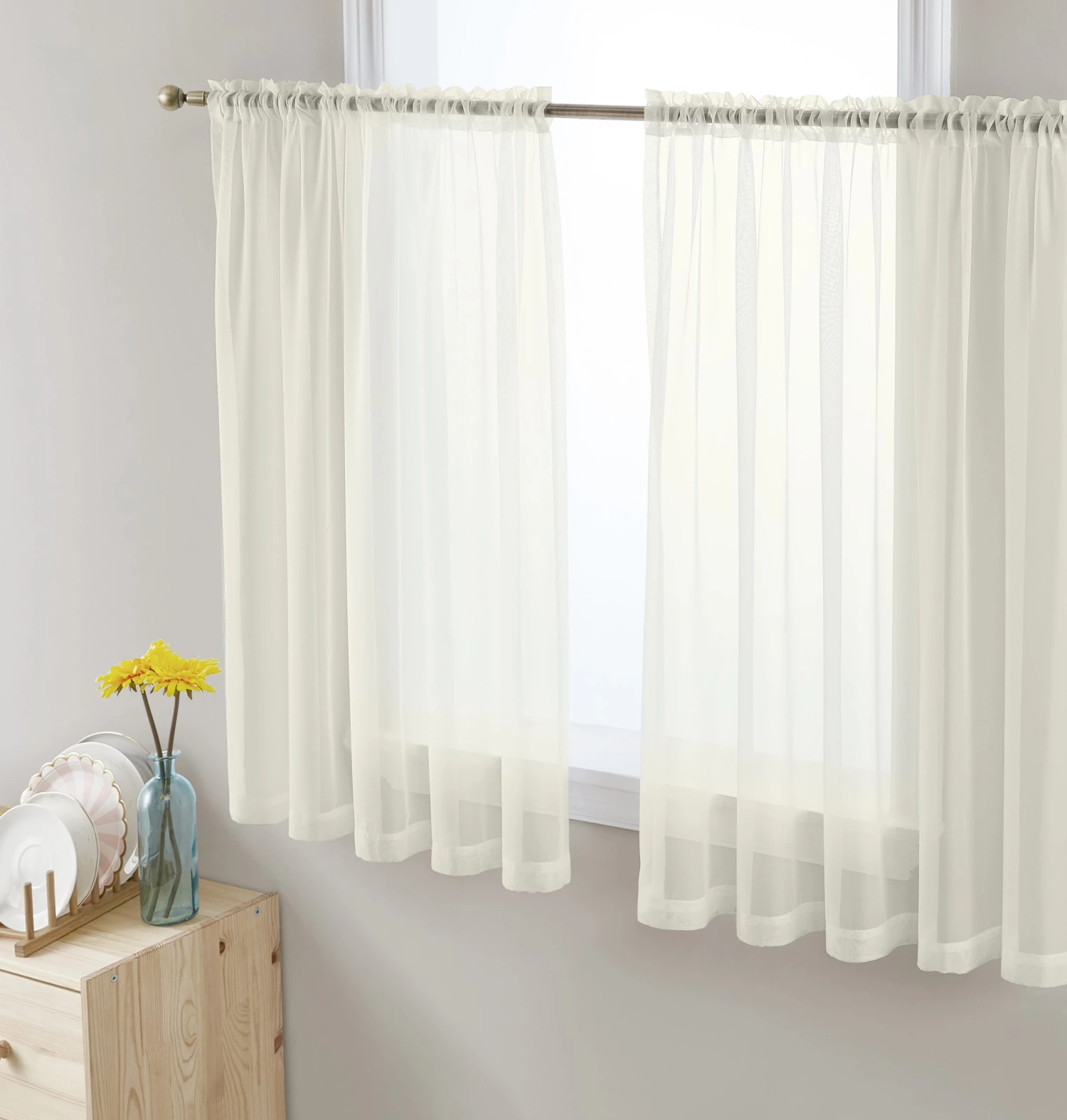 HLC.ME Lucento Sheer Rod Pocket Cafe Tier Panels - Ivory - Set Of 2 Faux Linen Curtains 3 HLC.ME Lucento Sheer Rod Pocket Cafe Tier Panels - Ivory - Set Of 2 Faux Linen Curtains