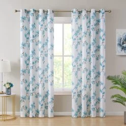 HLC.ME Jade Floral Textured Sheer Grommet Panels - Teal Blue - Set Of 2