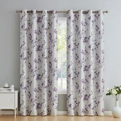 HLC.ME Jasmine Floral 100% Blackout Grommet Curtain Panels - Purple - Set Of 2