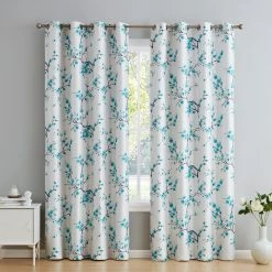 HLC.ME Jasmine Floral 100% Blackout Grommet Curtain Panels - Teal Blue - Set Of 2
