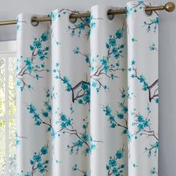 HLC.ME Jasmine Floral 100% Blackout Grommet Curtain Panels - Teal Blue - Set Of 2