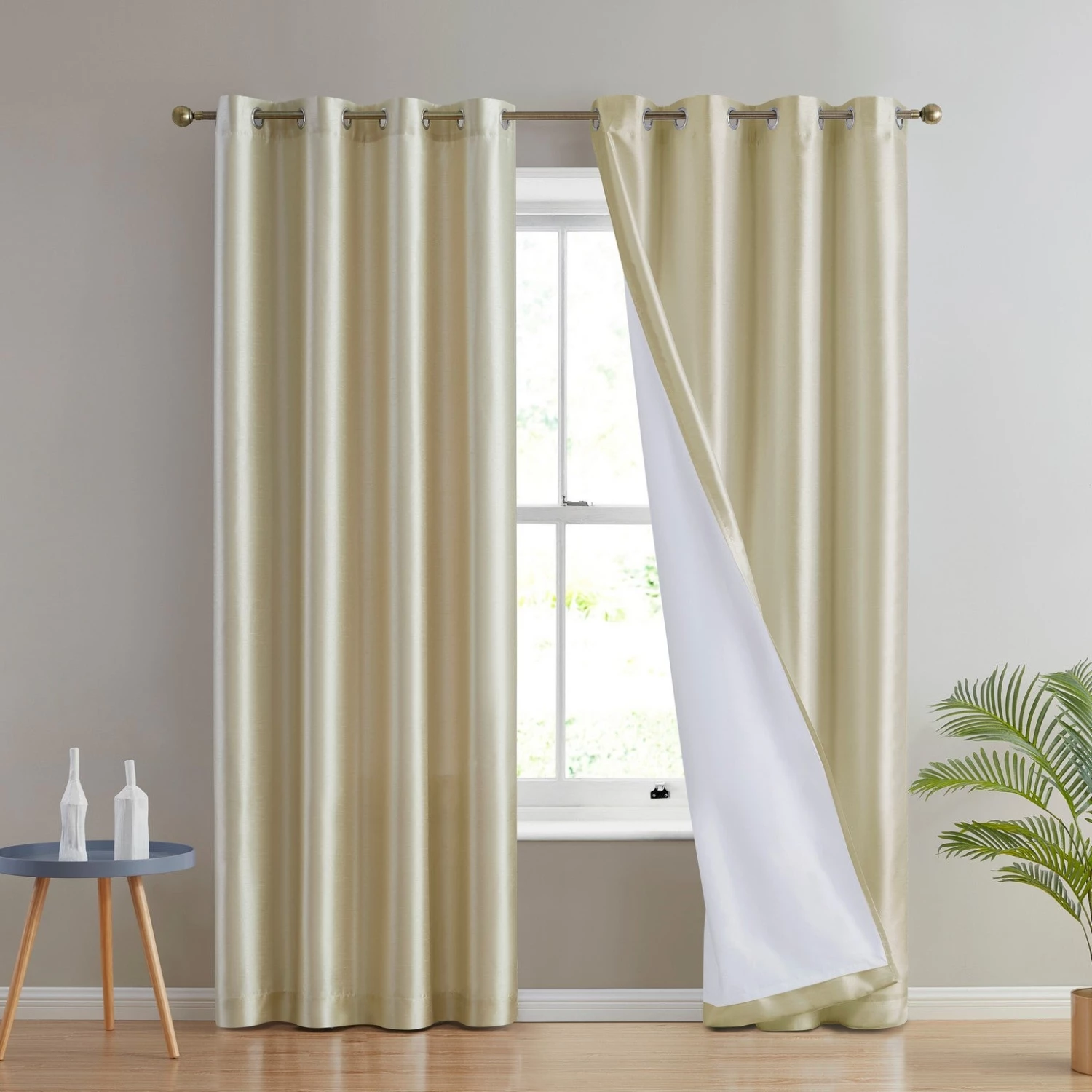 HLC.ME Jefferson Faux Silk Grommet Curtain Panels - Beige - Set Of 2 Faux Linen Curtains
