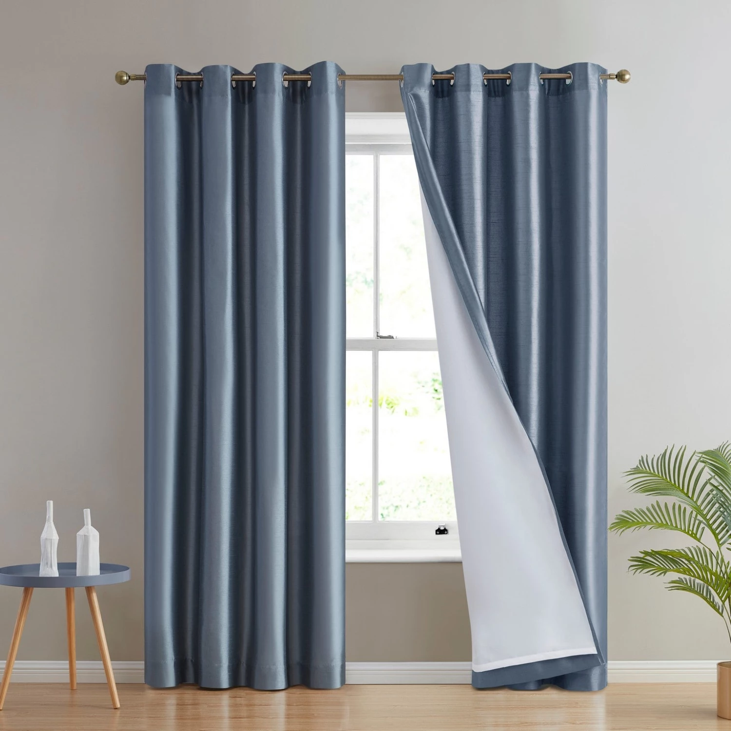 HLC.ME Jefferson Faux Silk Grommet Curtain Panels - Dusty Blue - Set Of 2