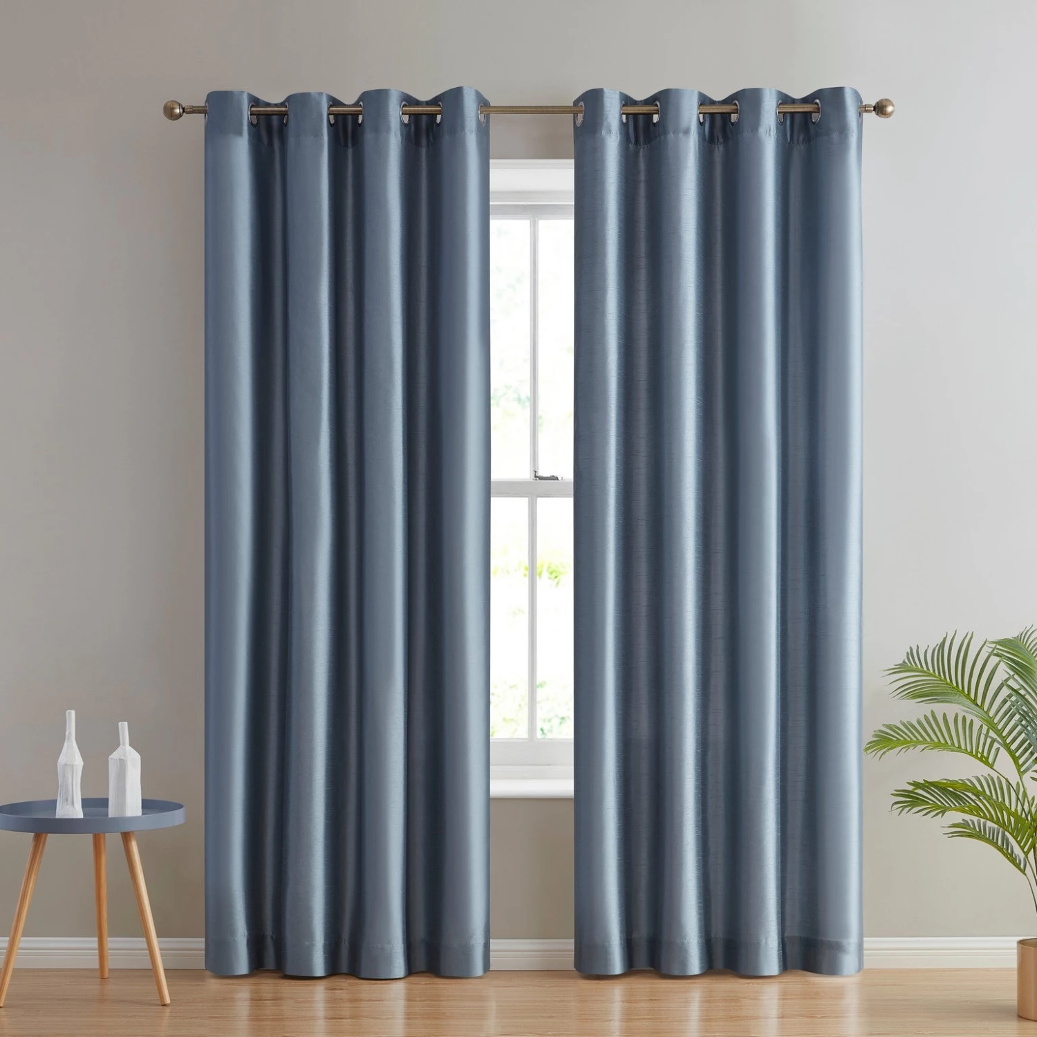 HLC.ME Jefferson Faux Silk Grommet Curtain Panels - Dusty Blue - Set Of 2