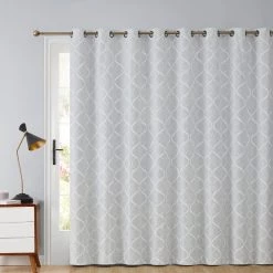 HLC.ME Faux Linen Curtains Lattice Flocked 100% Blackout Grommet Patio Door Panel - Ivory