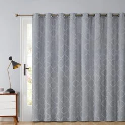 HLC.ME Lattice Flocked 100% Blackout Grommet Patio Door Panel - Light Grey Faux Linen Curtains