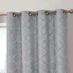 HLC.ME Versailles Lattice Flocked Blackout Grommet Panels - Light Grey - Set Of 2 Blackout Curtains