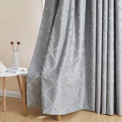 HLC.ME Versailles Lattice Flocked Blackout Grommet Panels - Light Grey - Set Of 2 Blackout Curtains