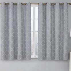 HLC.ME Versailles Lattice Flocked Blackout Grommet Panels - Light Grey - Set Of 2 Blackout Curtains