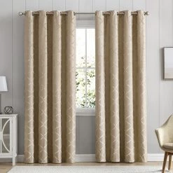 HLC.me Sales 2022 3 HLC.ME Blackout Curtains Versailles Lattice Flocked Blackout Grommet Panels - Taupe - Set Of 2
