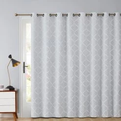 HLC.ME Faux Linen Curtains Lattice Flocked 100% Blackout Grommet Patio Door Panel - White