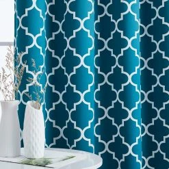 HLC.ME Lattice Print Blackout Grommet Curtain Panels - Dark Teal Blue - Set Of 2