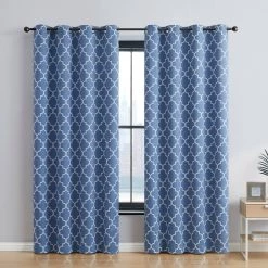 HLC.ME Blackout Curtains Lattice Print Blackout Grommet Curtain Panels - Stone Blue - Set Of 2