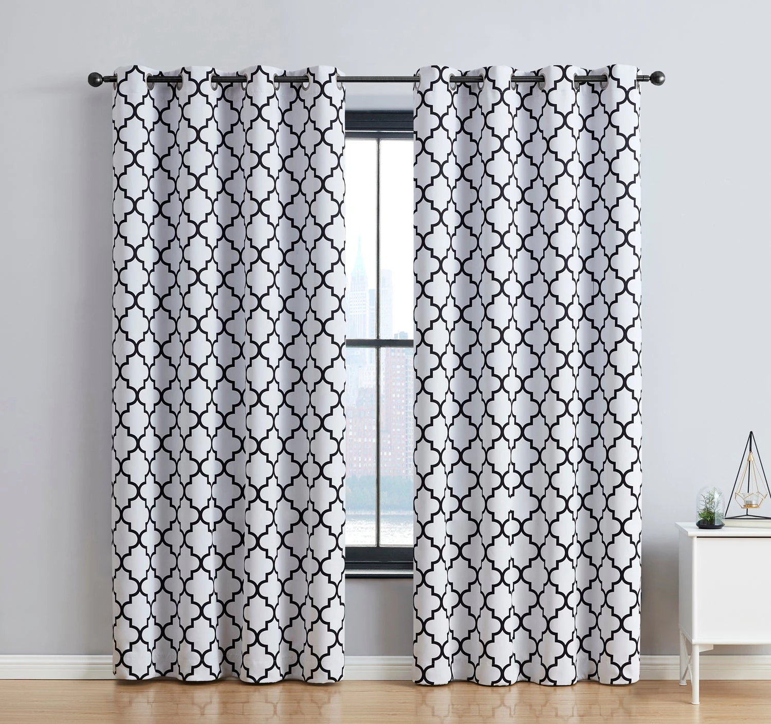 HLC.ME Lattice Print Blackout Grommet Curtain Panels - Platinum White/Black - Set Of 2 3 HLC.ME Lattice Print Blackout Grommet Curtain Panels - Platinum White/Black - Set Of 2
