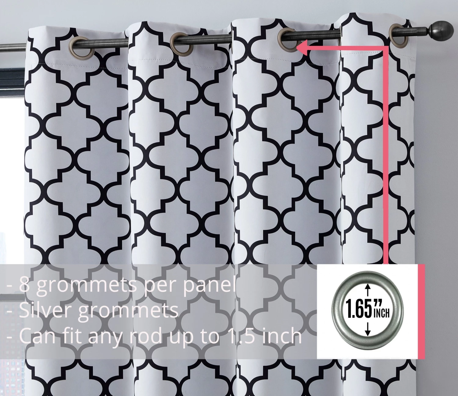 HLC.ME Lattice Print Blackout Grommet Curtain Panels - Platinum White/Black - Set Of 2 4 HLC.ME Lattice Print Blackout Grommet Curtain Panels - Platinum White/Black - Set Of 2