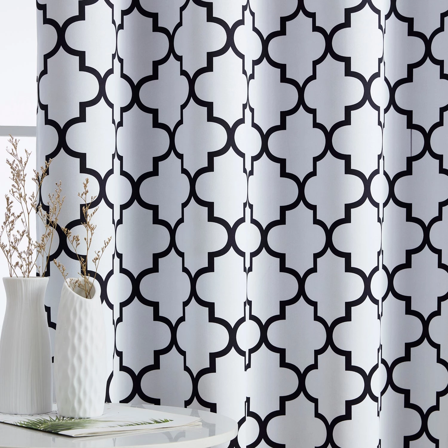 HLC.ME Lattice Print Blackout Grommet Curtain Panels - Platinum White/Black - Set Of 2 5 HLC.ME Lattice Print Blackout Grommet Curtain Panels - Platinum White/Black - Set Of 2