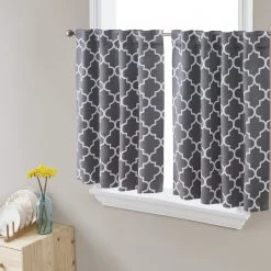 HLC.ME Faux Linen Curtains Lattice Back Tab Rod Pocket Tier Panels - Grey - Set Of 2
