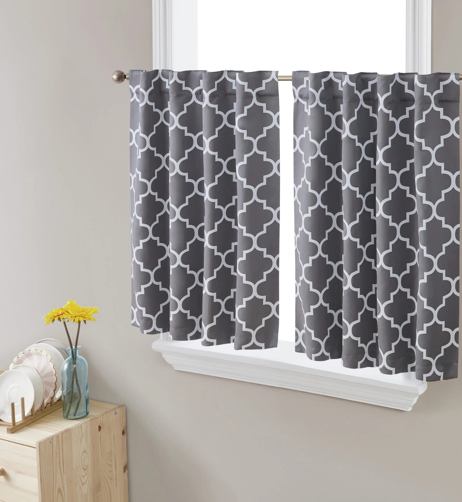 HLC.ME Faux Linen Curtains Lattice Back Tab Rod Pocket Tier Panels - Grey - Set Of 2 3 HLC.ME Faux Linen Curtains Lattice Back Tab Rod Pocket Tier Panels - Grey - Set Of 2