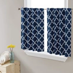 HLC.ME Lattice Back Tab Rod Pocket Tier Panels - Navy Blue - Set Of 2 Faux Linen Curtains