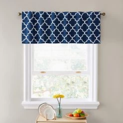 HLC.ME Lattice Back Tab Rod Pocket Valance - Navy Blue Faux Linen Curtains