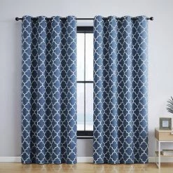 HLC.ME Lattice Print Blackout Grommet Curtain Panels - Dusty Blue - Set Of 2 Blackout Curtains